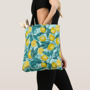 Lemon branches in blue and yellow tote bag