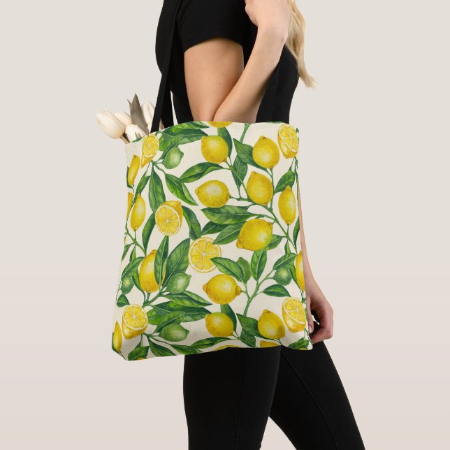 Lemon branches in green and yellow tote bag (Close Up)