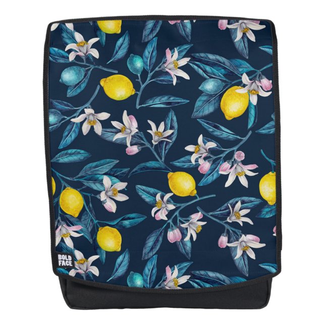 Lemon branches with blossoms and fruit on blue backpack (Front)