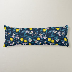 Lemon branches with blossoms and fruit on blue body cushion