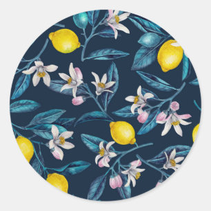 Lemon branches with blossoms and fruit on blue classic round sticker