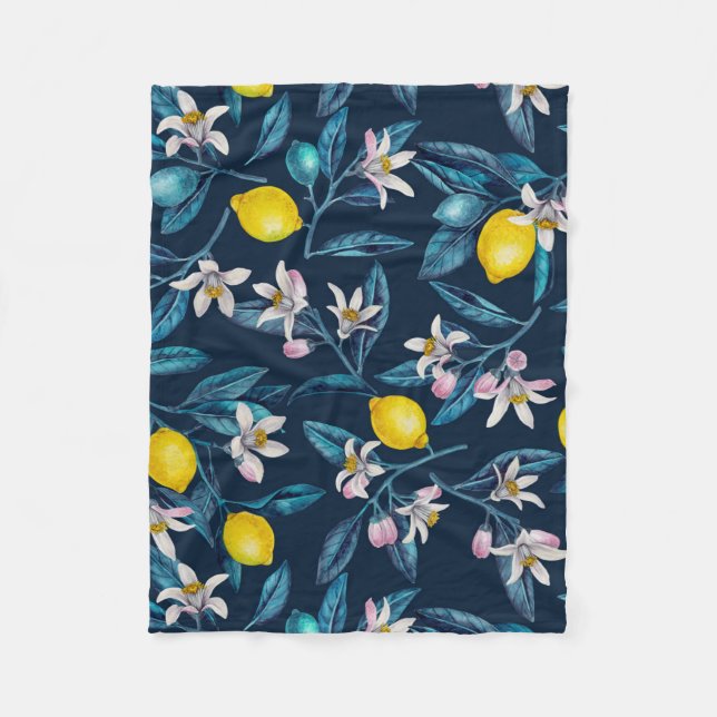 Lemon branches with blossoms and fruit on blue fleece blanket (Front)