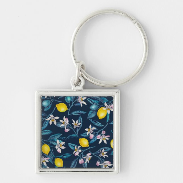 Lemon branches with blossoms and fruit on blue key ring (Front)