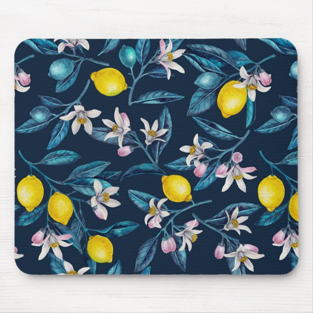 Lemon branches with blossoms and fruit on blue mouse mat (Front)