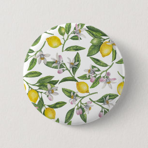 Lemon branches with blossoms and fruit on white 6 cm round badge