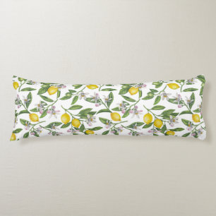 Lemon branches with blossoms and fruit on white body cushion