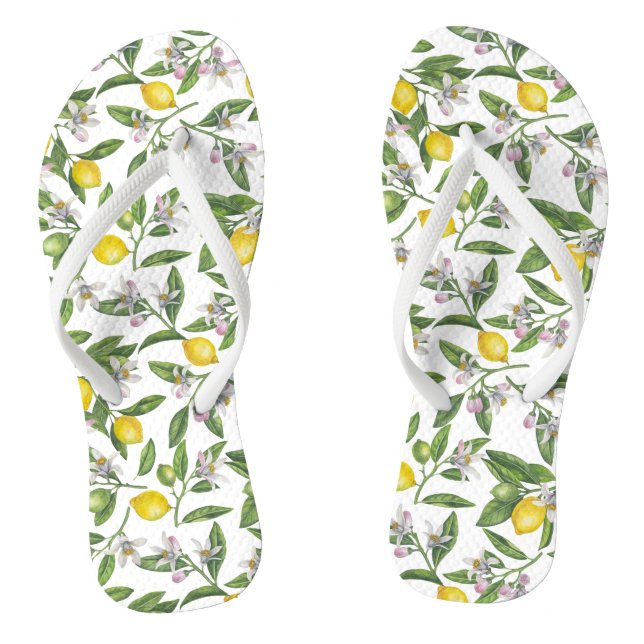 Lemon branches with blossoms and fruit on white flip flops (Footbed)