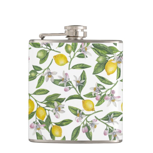 Lemon branches with blossoms and fruit on white hip flask (Front)
