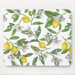 Lemon branches with blossoms and fruit on white mouse mat
