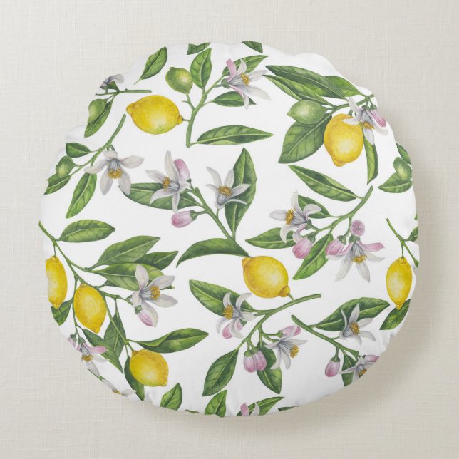Lemon branches with blossoms and fruit on white round cushion (Front)