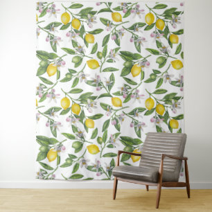 Lemon branches with blossoms and fruit on white tapestry