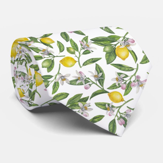 Lemon branches with blossoms and fruit on white tie (Rolled)