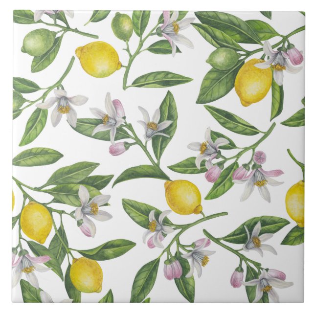 Lemon branches with blossoms and fruit on white tile (Front)