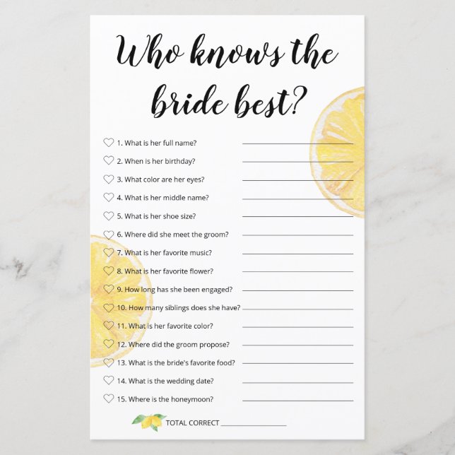 Lemon Bridal Game - Who Know The Bride Best (Front)
