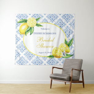 Lemon Bridal Shower Blue Tile Italian Backdrop Tapestry
