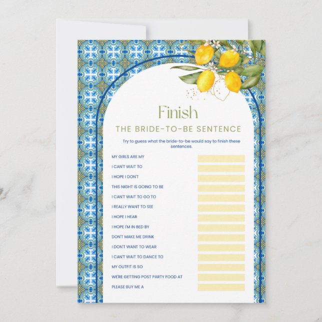 Lemon Bridal Shower Finish The Sentence Game Card (Front)