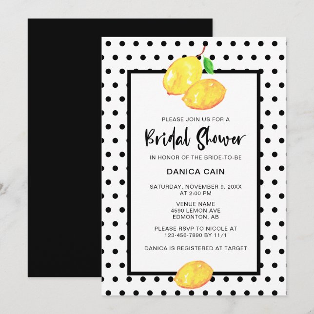 Lemon Bridal Shower Hand Lettering Polka Dots Invitation (Front/Back)