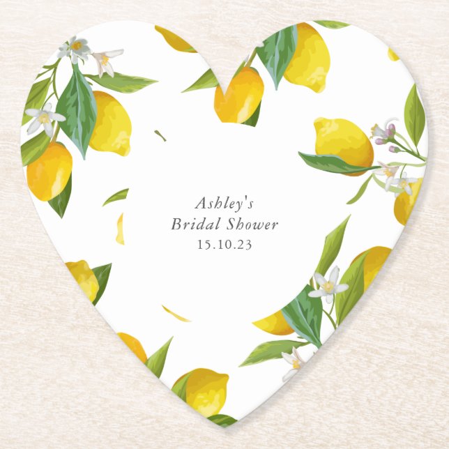 Lemon bridal shower heart  paper coaster (Front)