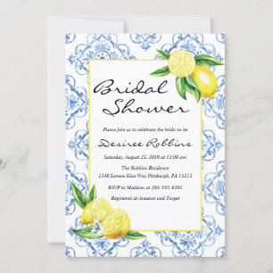 Lemon Bridal Shower Invitation, Blue Tile Italian  Invitation
