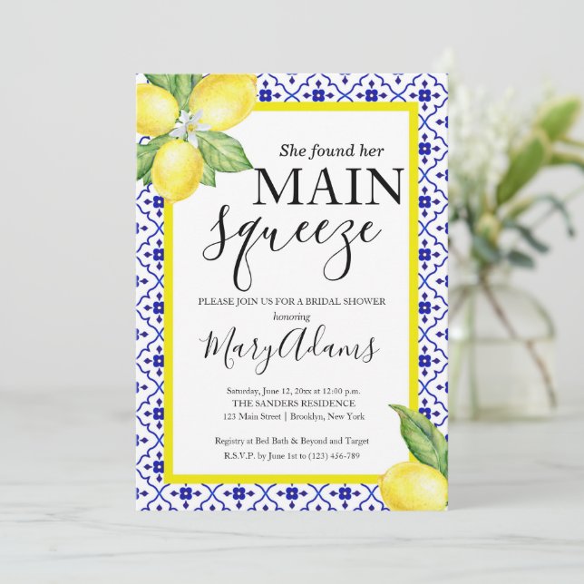 Lemon Bridal Shower Invitation, Blue Tile Italian Invitation (Standing Front)