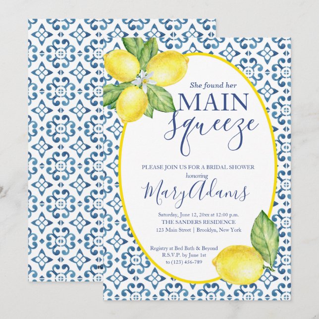 Lemon Bridal Shower Invitation, Blue Tile Italian  Invitation (Front/Back)