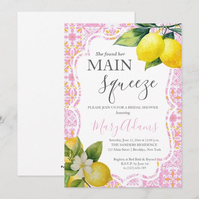 Lemon Bridal Shower Invitation, Pink Tile Italian  Invitation (Front/Back)