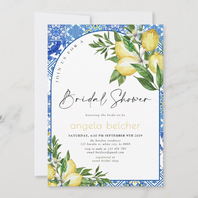 Lemon Bridal Shower - Italian Blue Tiles  Invitation (Front)