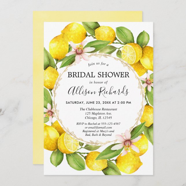 Lemon bridal shower, lemons greenery watercolor invitation (Front/Back)