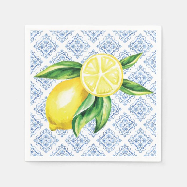 Lemon Bridal Shower Napkins, Blue Tile Napkins (Front)