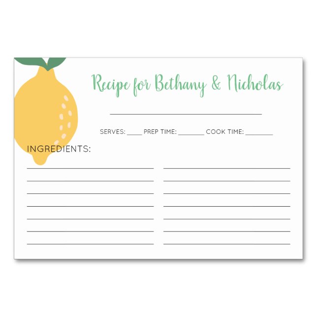 Lemon Bridal Shower Recipe Cards (Front)