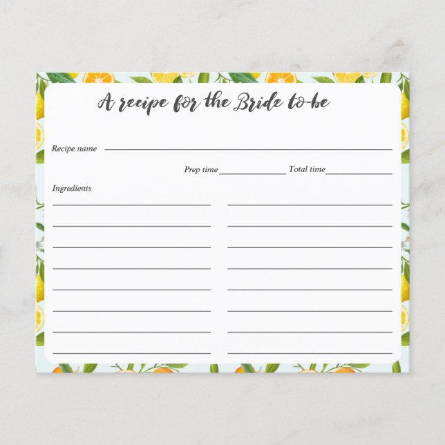 Lemon Bridal Shower Recipe Cards (Front)