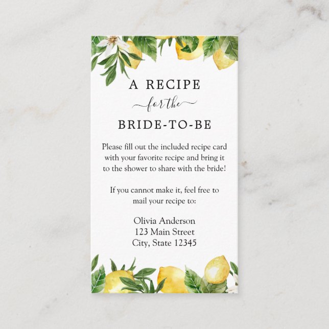 Lemon Bridal Shower Recipe Request Enclosure Card (Front)
