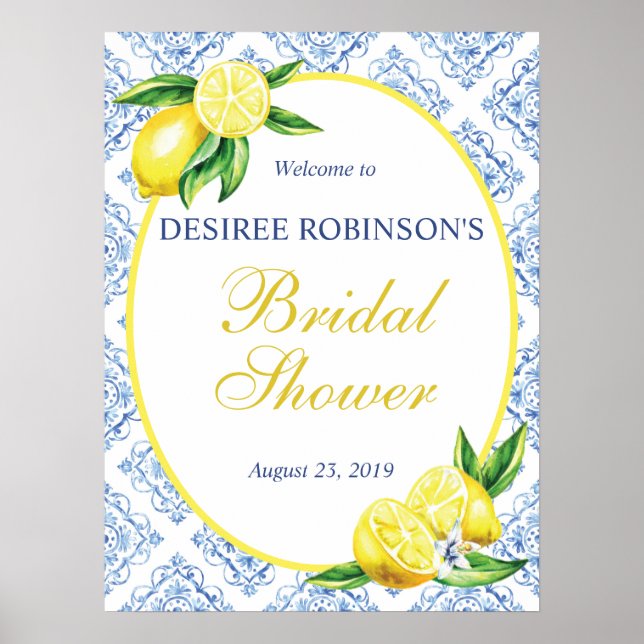 Lemon Bridal Shower Welcome Sign Blue Tile Italian (Front)
