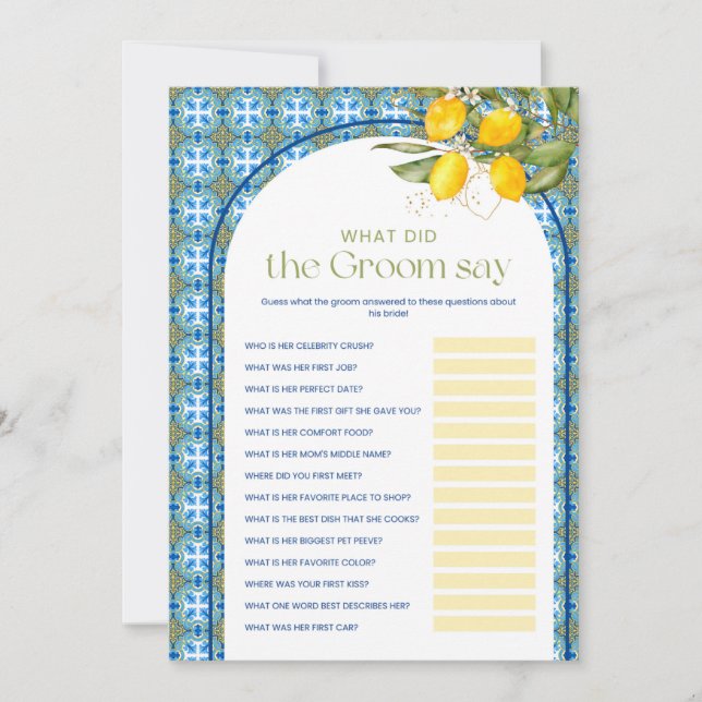 Lemon Bridal Shower What Groom Say Game Card (Front)