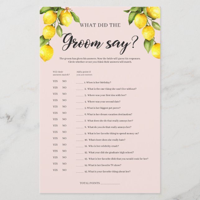 Lemon bridal shower What the groom said game (Front)