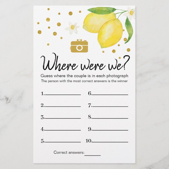Lemon Bridal Shower Where Were We Game Card (Front)