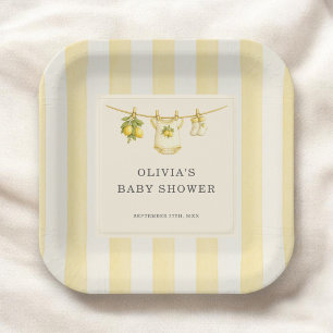 Lemon Can't Wait to Squeeze Stripes Baby Shower Paper Plate