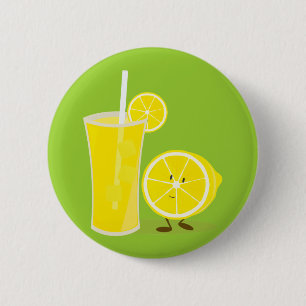 Lemon character standing next to lemonade 6 cm round badge