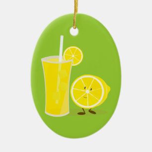 Lemon character standing next to lemonade ceramic tree decoration
