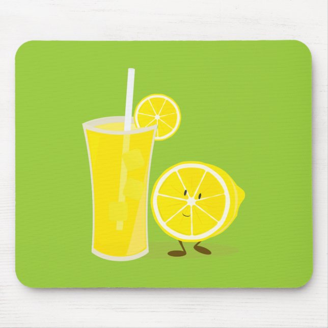 Lemon character standing next to lemonade mouse mat (Front)