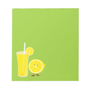 Lemon character standing next to lemonade notepad