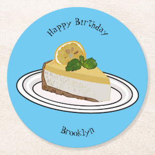 Lemon cheesecake cartoon illustration round paper coaster