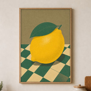 Lemon Chequerboard Watercolour Cottagecore Poster
