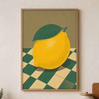 Lemon Chequerboard Watercolour Cottagecore Poster
