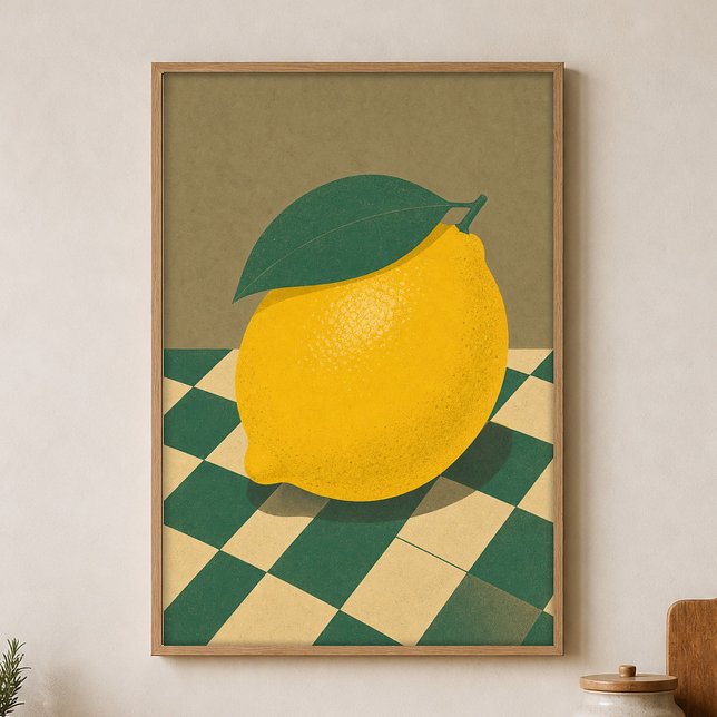 Lemon Chequerboard Watercolour Cottagecore Poster (Shown framed for scale. Poster ships unframed; frames are an optional add-on.)