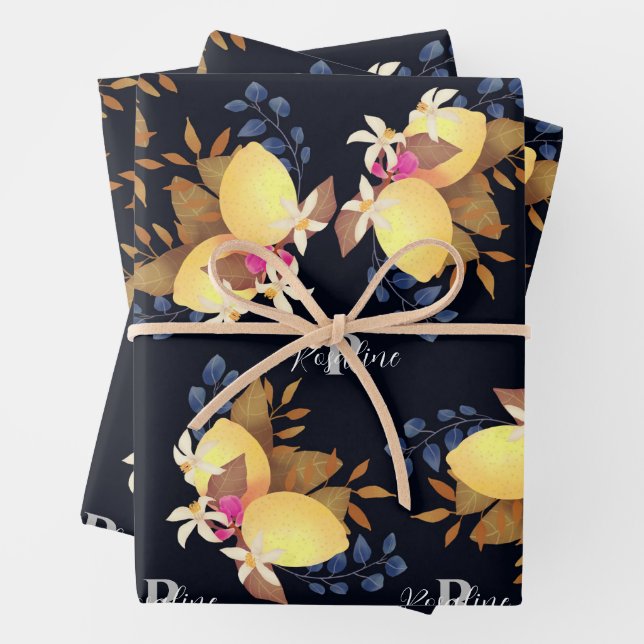 Lemon Chic Monogram Black Wrapping Paper Sheet (In situ)