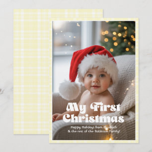 Lemon Chiffon Gingham My First Christmas Baby Holiday Card