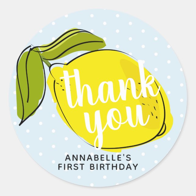 Lemon Citrus 1st Birthday Blue Thank You Classic Round Sticker (Front)