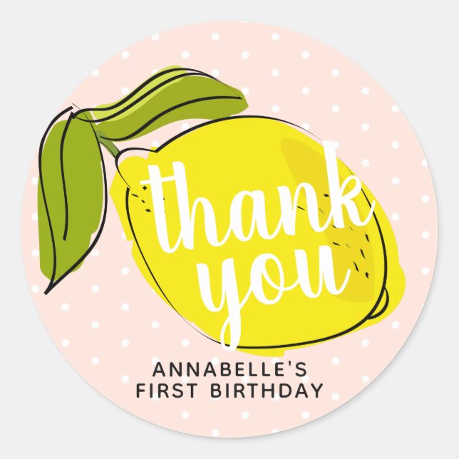 Lemon Citrus 1st Birthday Blush Pink Thank You Classic Round Sticker (Front)
