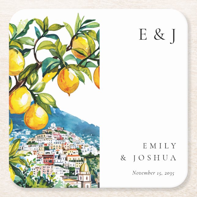 Lemon Citrus Amalfi Coast Italian Wedding Square Paper Coaster (Front)